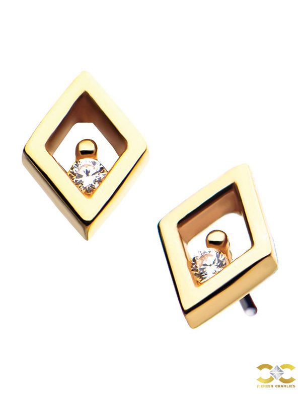 Diamond Shape Push-In Stud Earring, 14k Yellow Gold