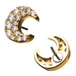 Large Pave Moon Push-In Stud Earring, 14k Yellow Gold