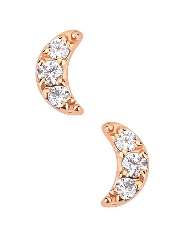 3-Gem Pave Moon Push-In Stud Earring, 14k Rose Gold