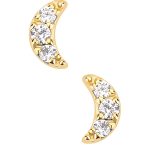 3-Gem Pave Moon Push-In Stud Earring, 14k Yellow Gold