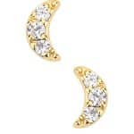 3-Gem Pave Moon Push-In Stud Earring, 14k Yellow Gold