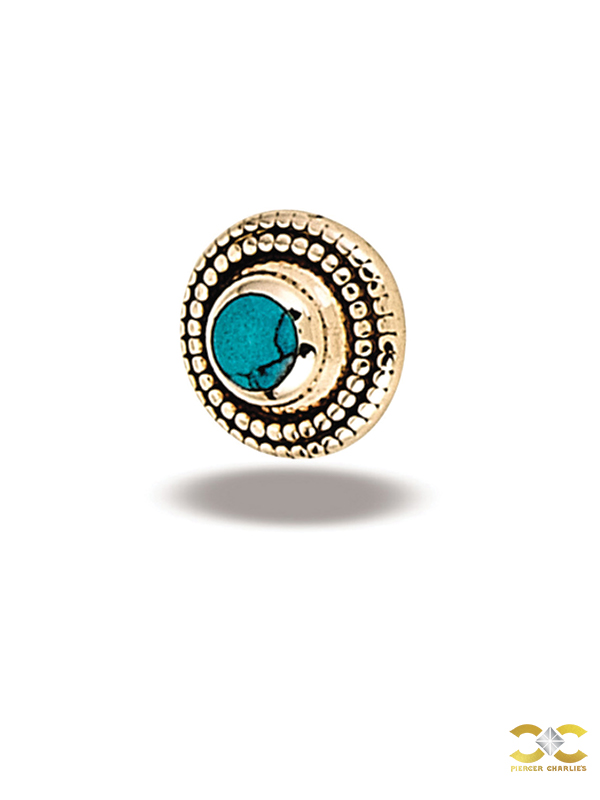 BodyGems Round Milgrain Threaded Stud Earring, 14k Yellow Gold, Turquise