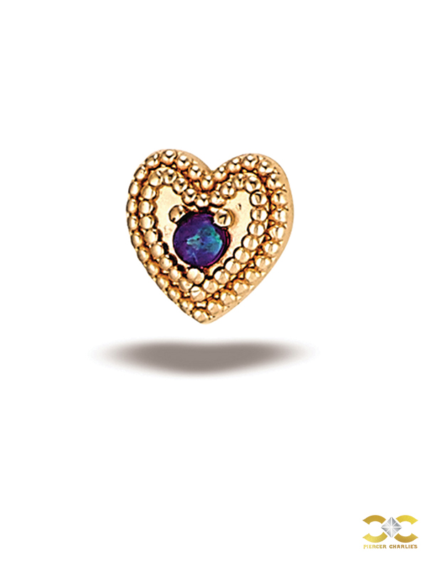 BodyGems Millgrain Heart Push-In Stud Earring, Purple Opal, 14k Rose Gold