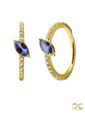 Pave Marquise Clicker Earring, Conch Ring, Royal Blue Topaz, 18k Yellow Gold