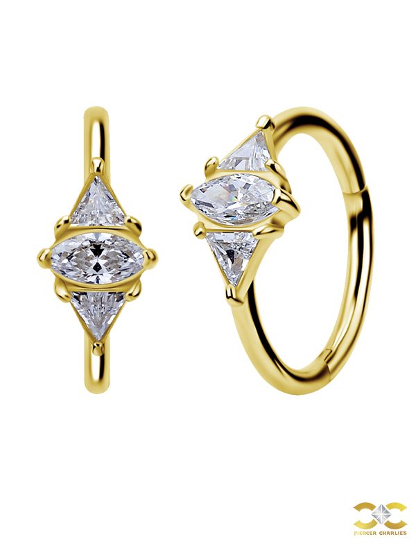 Marquise w Triangles Clicker Earring, Conch Ring, 18k Yellow Gold