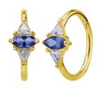 Marquise w Triangles Clicker Earring, Conch Ring, Royal Blue Topaz, 18k Yellow Gold