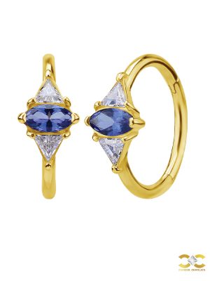 Marquise w Triangles Clicker Earring, Conch Ring, Royal Blue Topaz, 18k Yellow Gold