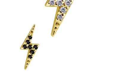 Pave Lightning Bolt Threaded Stud Earring, 18k Yellow Gold