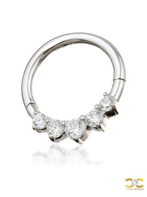5-Gem Daith Clicker Earring, 14k-9k White Gold, 8mm