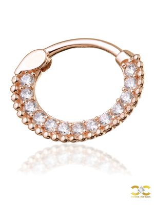 Pave Beaded Daith Clicker Earring, 14k-9k Rose Gold, 6mm Oval