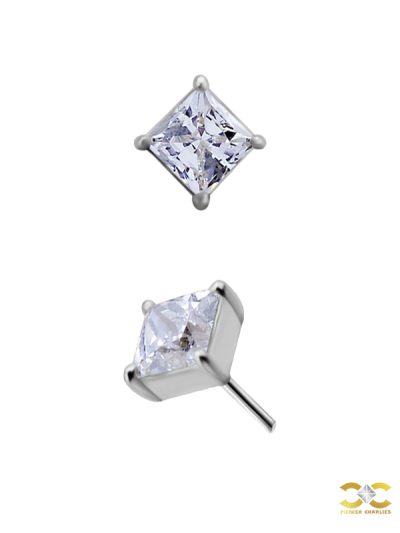 Princess Cut Push-In Stud Earring, 2mm, 18k White Gold