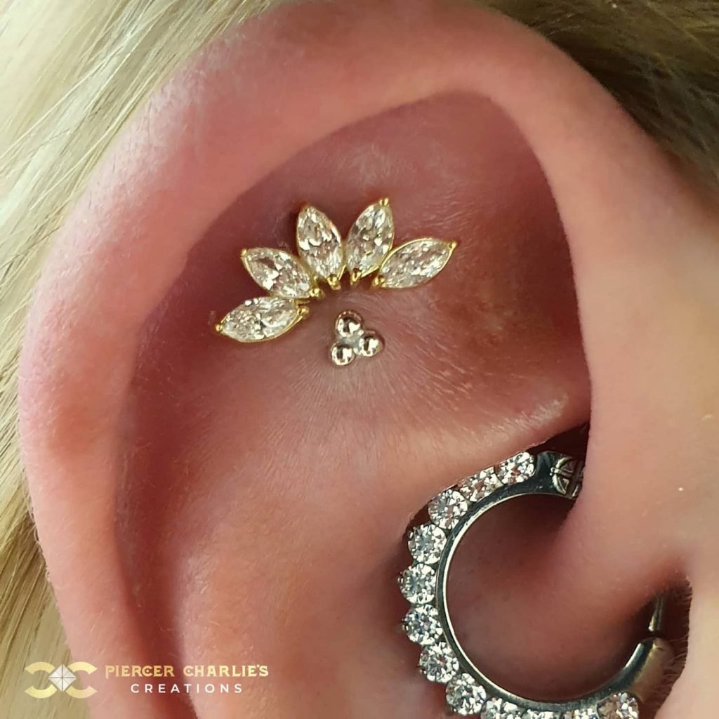 Push Through Earring Tribead Push-in Stud Earring, 18k White Gold