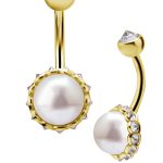Bezel Set Pearl Belly Bar, 18k Yellow Gold