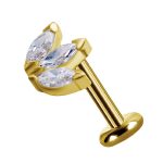 3-Marquise Fan Threaded Stud Earring, Solid Back, 18k Yellow Gold