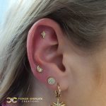 Helix and High Lobe Piercings with Yellow Gold
