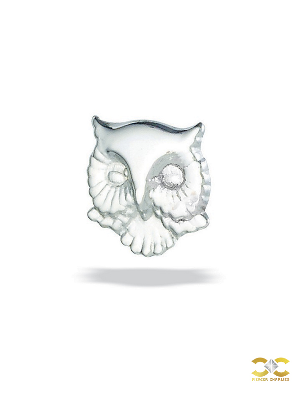 BodyGems Owl Head Push-In Stud Earring, 14k White Gold