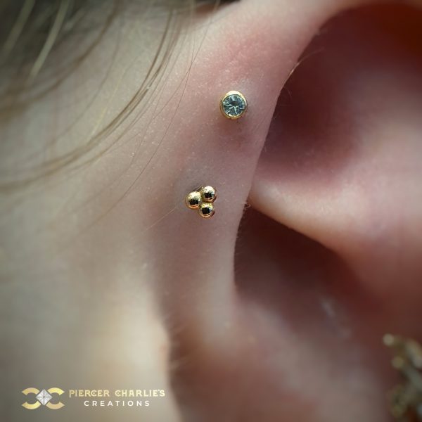 Double Forward Helix with Tribead and Bezel Gem