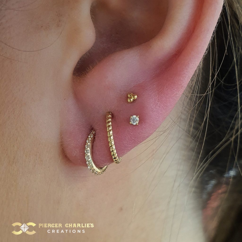 Push Through Earring Tribead Push-in Stud Earring, 18k White Gold