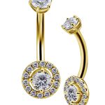 Pave Prong Set Belly Bar, 18k Yellow Gold
