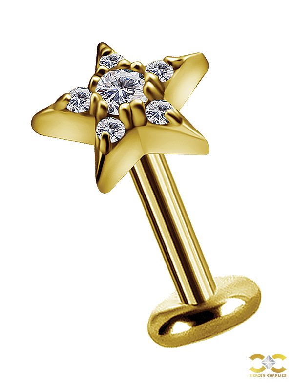 Pave Star Threaded Stud, 7mm, 18k Yellow Gold