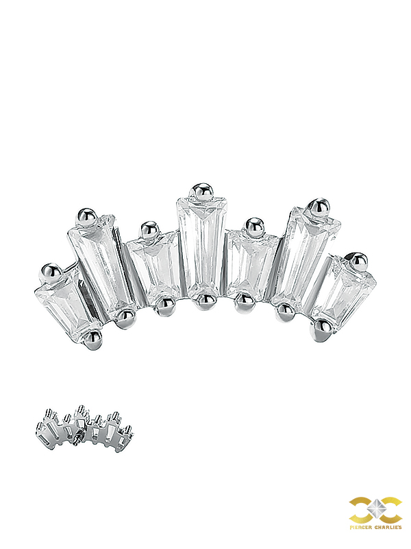 Baguette Fan Threaded Stud Earring, 14k White Gold