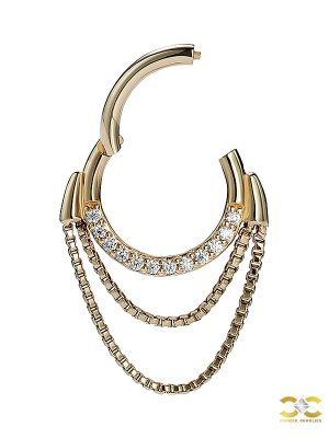 Double Chained Pave Septum Clicker Earring, 14k Yellow Gold, 8mm