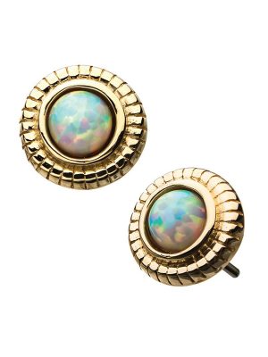 Created Opal Scalloped Push-In Stud Earring, 14k Yellow Gold