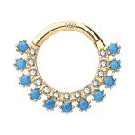 Double Row Pave Daith Clicker Earring, Turquoise, 14k Yellow Gold, 8-9mm