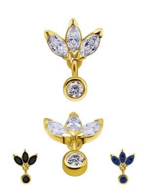 3-Marquise Fan with Dangle Threaded Stud Earring, Mini, 18k Yellow Gold