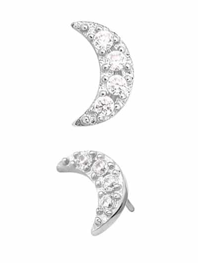 4-Gem Pave Moon Push-In Stud Earring, 14k White Gold