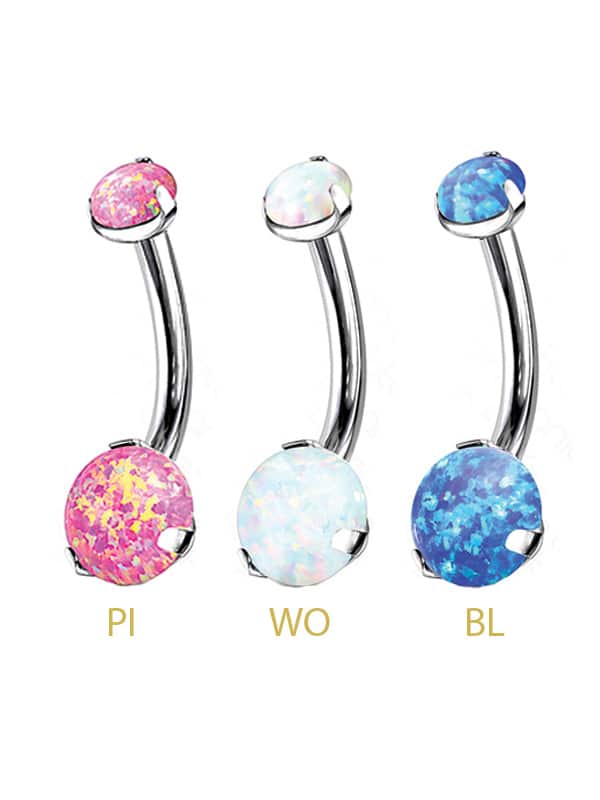 Prong Set Double Created Opal Baby Belly Bar, Titanium