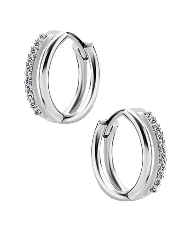 Double Band Pave Clicker Earring, Steel