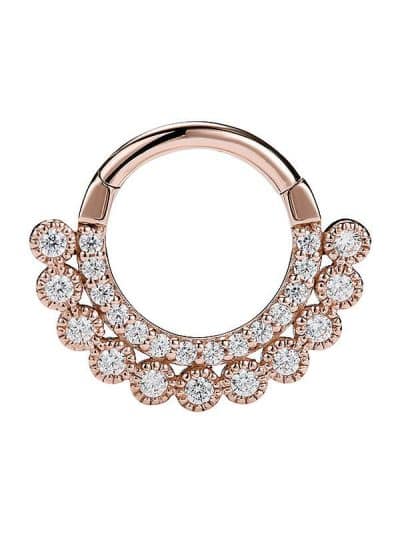 Scalloped Double Row Pave Daith Clicker Earring, 14k Rose Gold, 8-9mm