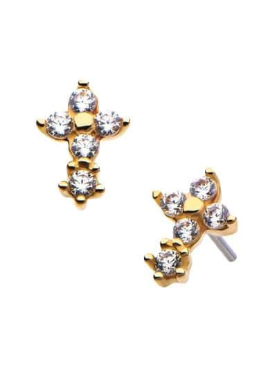Pave Cross Push-In Stud Earring, 14k Yellow Gold