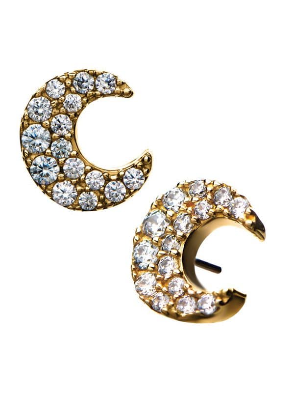 Large Pave Moon Push-In Stud Earring, 14k Yellow Gold