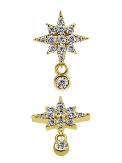 Pave Northern Star Threaded Stud w Dangle, 10mm, 18k Yellow Gold