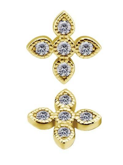 4 Petal Pave Flower Threaded Stud Earring, 18k Yellow Gold