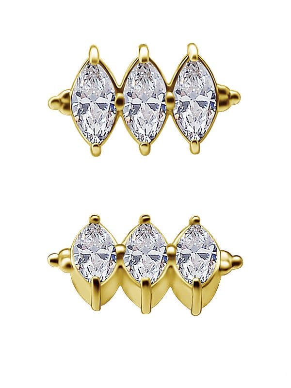 3-Marquise Straight Cluster Threaded Stud Earring, 18k Yellow Gold
