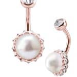 Bezel Set Pearl Belly Bar, 18k Rose Gold