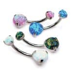 Prong Set Double Created Opal Belly Bar, Titanium