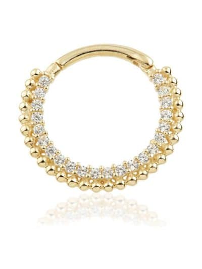 Pave Beaded Daith Clicker Earring, 14k-9k Yellow Gold, 10mm