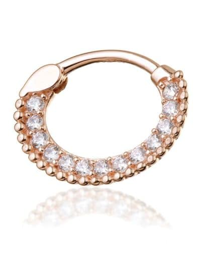Pave Beaded Daith Clicker Earring, 14k-9k Rose Gold, 6mm Oval