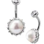Bezel Set Pearl Belly Bar, 18k White Gold