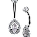 Haloed Teardrop Belly Bar, 18k White Gold