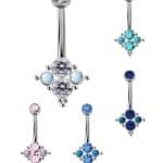 Quad-Gem Opal Beaded Belly Bar, Titanium, Style 2