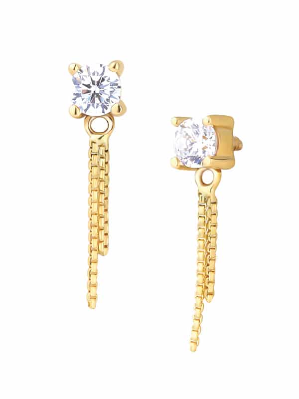 Prong CZ with Chain Dangles Threaded Stud Earring, 14k Yellow Gold