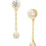 Bezel CZ with Dangle Threaded Stud Earring, 14k Yellow Gold