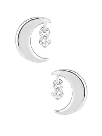 Crescent Moon w Dangle Threaded Stud Earring, 14k White Gold