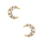 Mini Pave Crescent Moon Push-In Stud Earring, 14k Yellow Gold