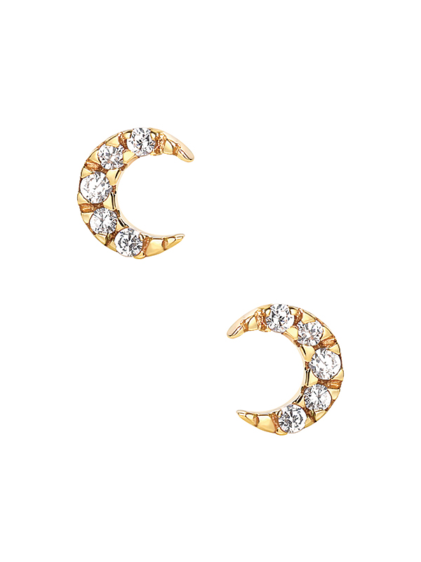 Mini Pave Crescent Moon Push-In Stud Earring, 14k Yellow Gold